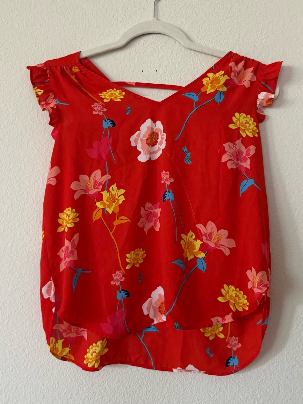 LOFT Petites Red Floral Ruffle Sleeve Blouse Top XS Petite